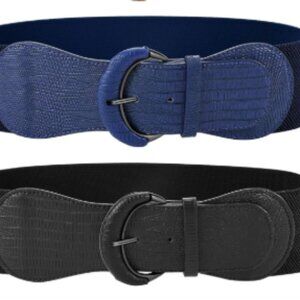 NEW 2 Women’s Wide Elastic Waist Belts – Black & Navy Textured Faux Leather